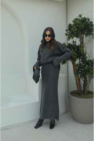 Havoş Anthracite Knitted Fisherman Sweater Skirt Set
