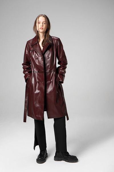 Dericlub Paris Women's - Double Breasted Collar and Belt Buttoned Trench Coat, Genuine Leather, Claret Red