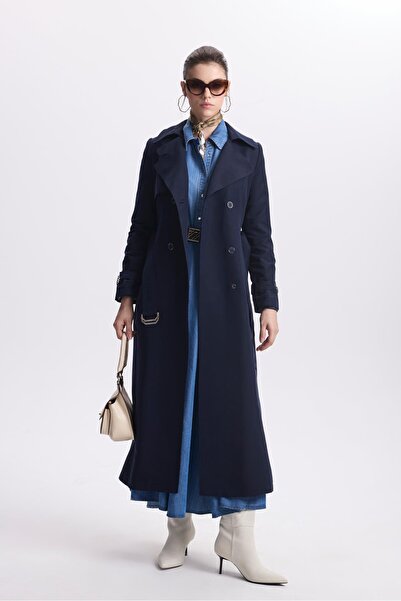 Zühre Zincir ve Kemer Detaylı Lacivert Trençkot 12615