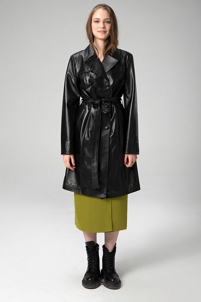 Dericlub Paris Women &Apos; S Black Trench Coat with Double Breasted Neckline, Genuine Leather and Belt