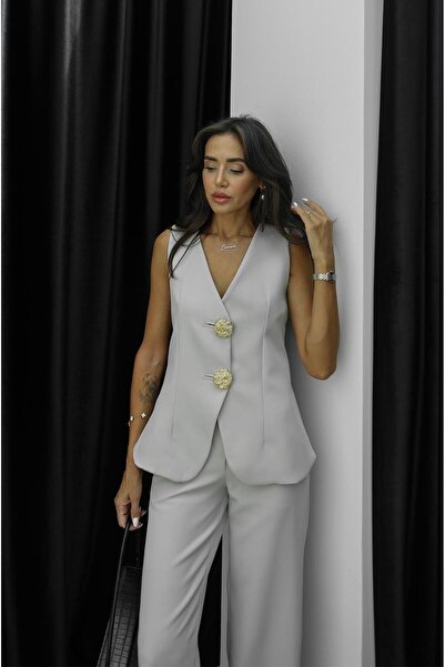 Havoş Beige Gold Buttoned Vest and Trousers Set