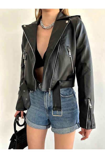 Zoom Butik Leather Biker Jacket - Belt Detailed
