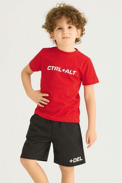 zepkids Crew Neck Short Sleeve Box Text Printed Pocket Detailed Red Color Boy's Shorts Set
