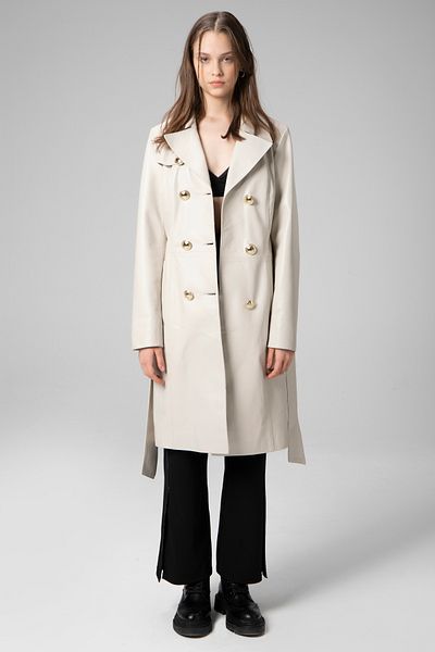 Dericlub Paris Women's Beige Genuine Leather Double Breasted Collar Belted Trench Coat