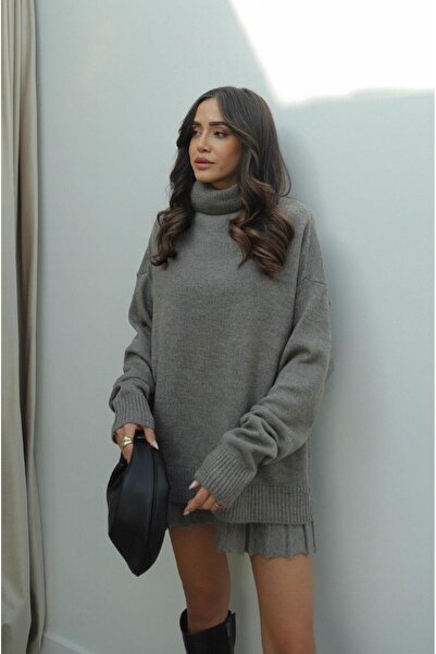 Havoş Сірий плісирований трикотажний комплект зі спідницею та светром