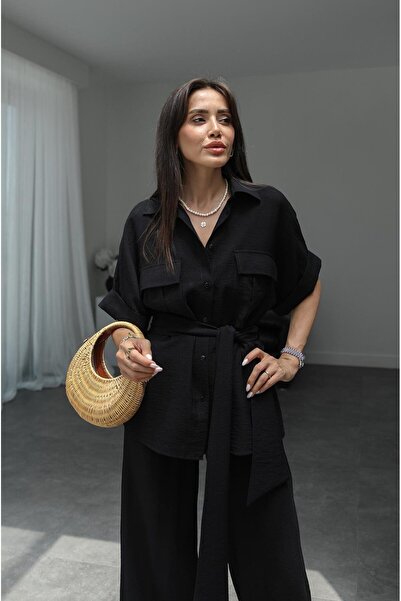 Havoş Black Shirt and Trousers Set - Belted