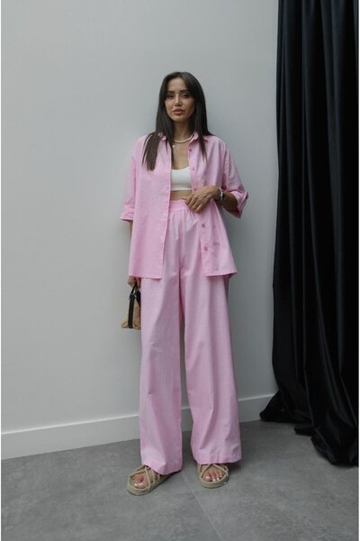 Havoş طقم قميص وبنطلون من الكتان الوردي بترا