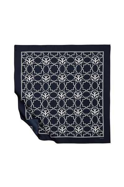 ipekevi Μεταξωτό κασκόλ Twill - Σελτζούκικο Μονόγραμμα - Μπλε ναυτικό