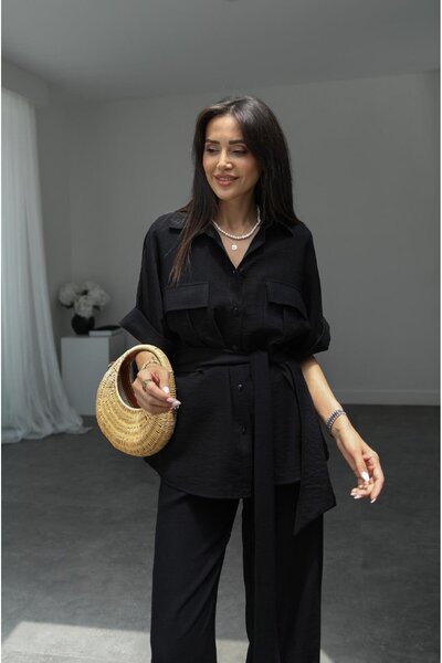 Havoş Black Shirt and Trousers Set - Belted