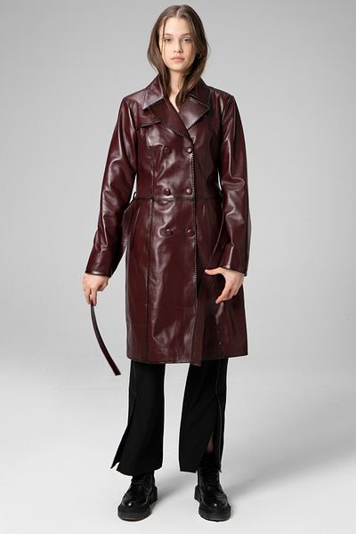 Dericlub Paris Women's - Double Breasted Collar and Belt Buttoned Trench Coat, Genuine Leather, Claret Red