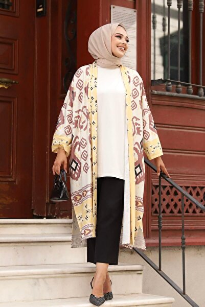 Modaensarbutik Çini Desen Kimono-KAHVERENGİ