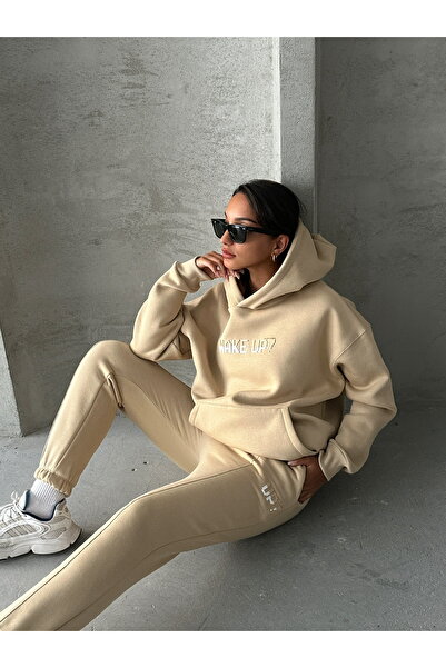 Cappmoda Tkm-03630 Mink Wake up Embossed Printed Hooded Sweatshirt Jogger Tracksuit Three Thread Raster Double