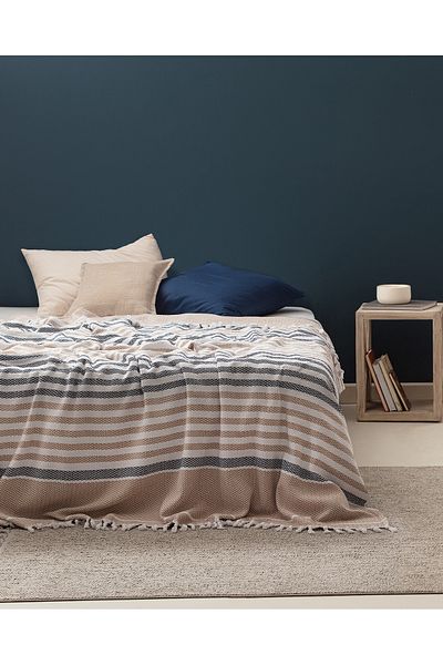 Madame Coco Sheryl Double Bedspread - Beige/dark blue