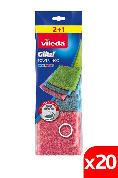 Vileda Power Inox Colors - 20 Pack of 3 Steel and Dish Sponge