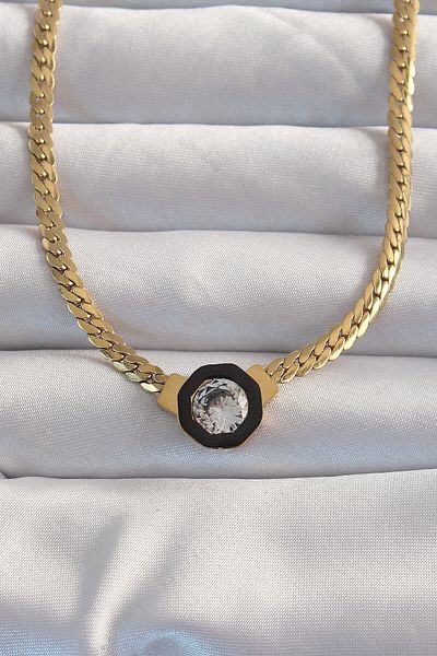 robotrend Xform1 316L Steel Special Series Gold Color Scrunch Chain Zircon Stone Enameled Serenay Necklace