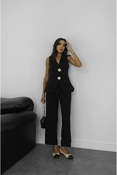 Havoş Gold Buttoned Black Vest and Trousers Set