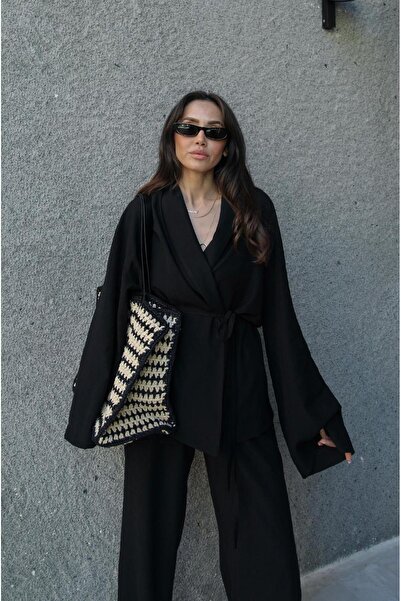Havoş Shawl Collar Black Kimono and Pants Set