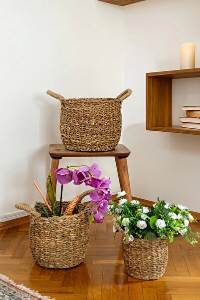 AVANTAGE HOME Marie - Dekoratif Doğal El Örmesi Kulplu Hasır 3 lü Saksı Sepet Seti