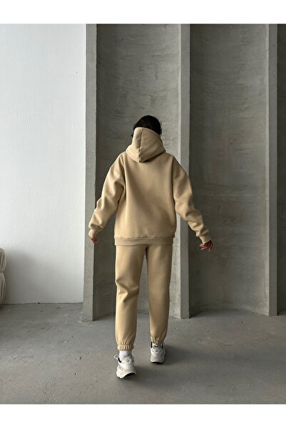 Cappmoda Tkm-03630 Mink Wake up Embossed Printed Hooded Sweatshirt Jogger Tracksuit Three Thread Raster Double