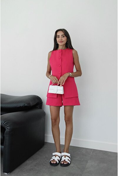 Havoş Fuchsia Coated Vest and Shorts Set - Buttoned