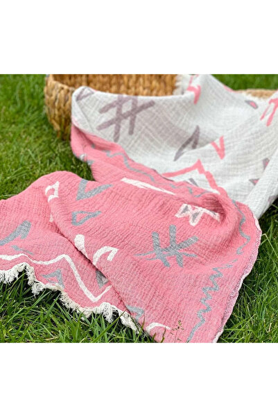 Bidoluraf مئزر موسلين منقوش هندسيًا على الوجهين - 90x180-وردي