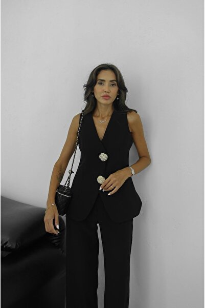 Havoş Gold Buttoned Black Vest and Trousers Set