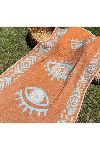 Bidoluraf 90x180 Orange Muslin Patterned Double Sided Beach Towel - Loincloth