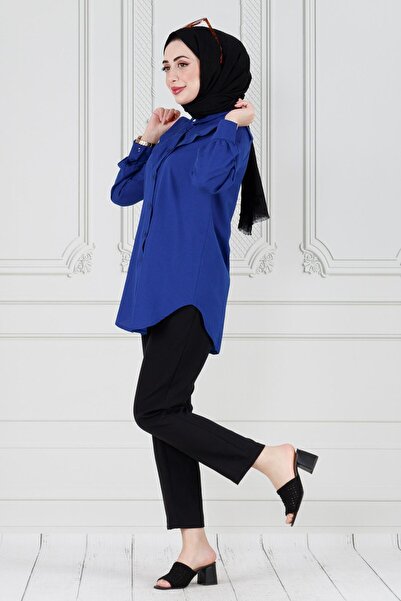 Sevitli Navy Blue Poplin Tunic - Collar with Floor Detail