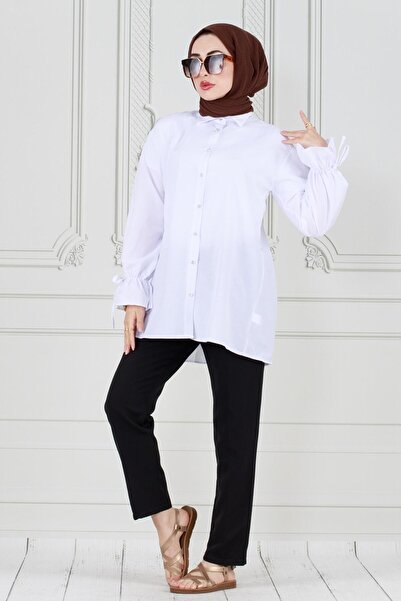 Sevitli Tunic with Pleated Back and Gathered Sleeves-White