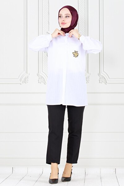 Sevitli White Linen Tunic with Bee Detail on Pocket