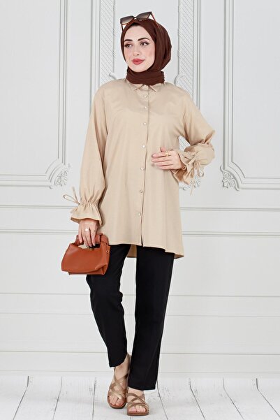 Sevitli Τονίκ με πλισέ πλάτη και μαζεμένο μανίκι-Μπεζ