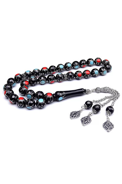 Tesbih Ruyasi Gümüş ve Kırmızı Turkuaz İşlemeli Kuka Tesbih