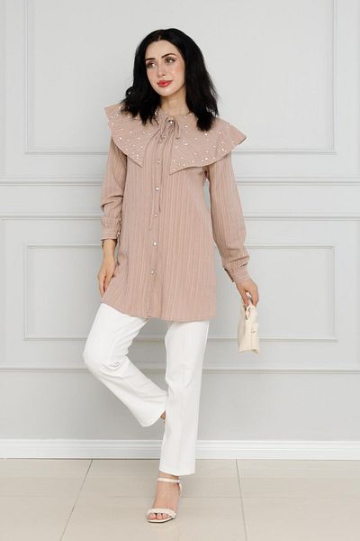 Sevitli Mink Tunic - Wide Collar and Pearl Detail