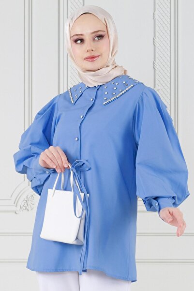 Sevitli Tunica albastră - Guler detaliat cu bijuterii