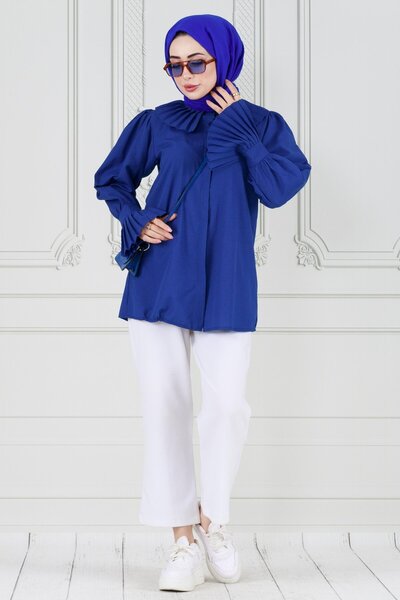 Sevitli Kolu Piliseli Gömlek -Lacivert