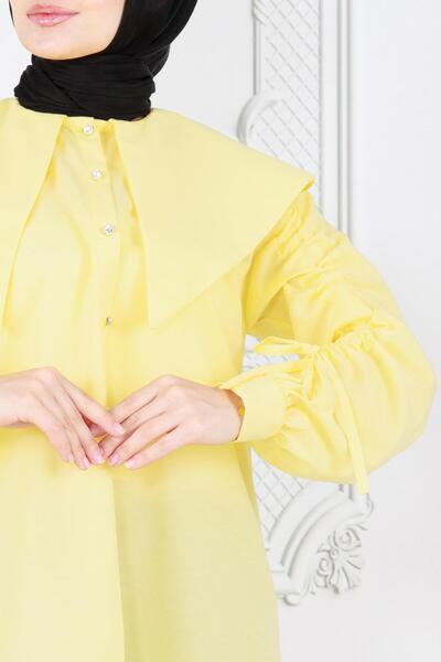 Sevitli Yellow Tunic - Large Collar and Gather Detailed Sleeve
