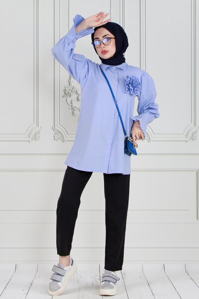 Sevitli Tunica Baby Blue - Maneca cu Brose Trandafiri si Volane