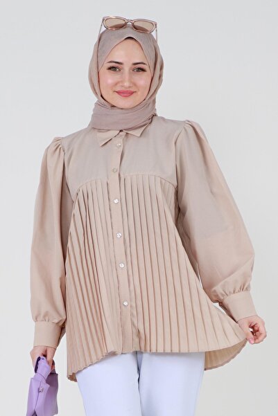 Sevitli Önü Piliseli Gömlek-Bej