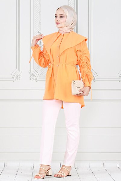 Sevitli Orange Tunic - Large Collar and Gather Detailed Sleeve