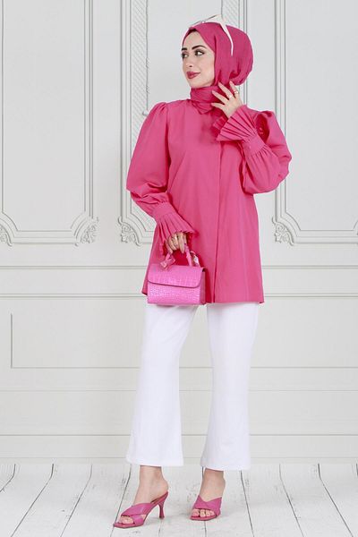 Sevitli Tunica fucsia - Maneca cu trandafiri cu brosa si volane