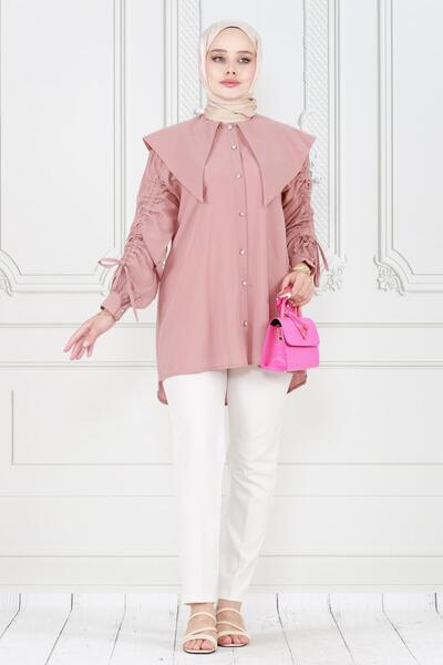 Sevitli Χρώμα πούδρας Μεγάλη λαιμόκοψη και χιτώνα με λεπτομέρεια