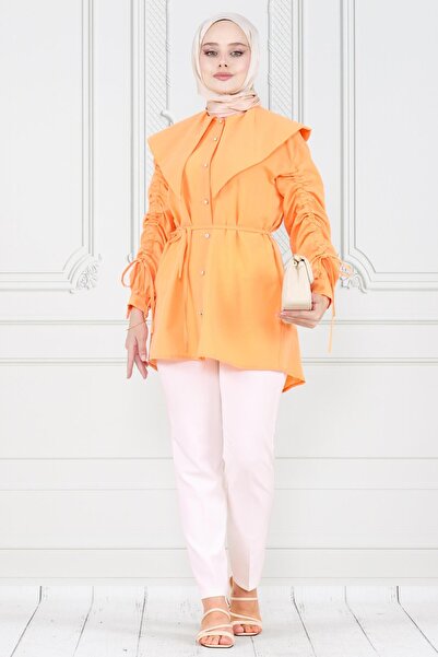 Sevitli Orange Tunic - Large Collar and Gather Detailed Sleeve