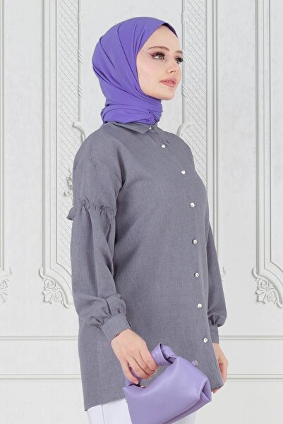 Sevitli Gray Tunic - Sleeve Ruffle Detailed