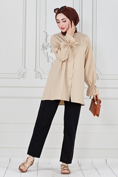 Sevitli Τονίκ με πλισέ πλάτη και μαζεμένο μανίκι-Μπεζ