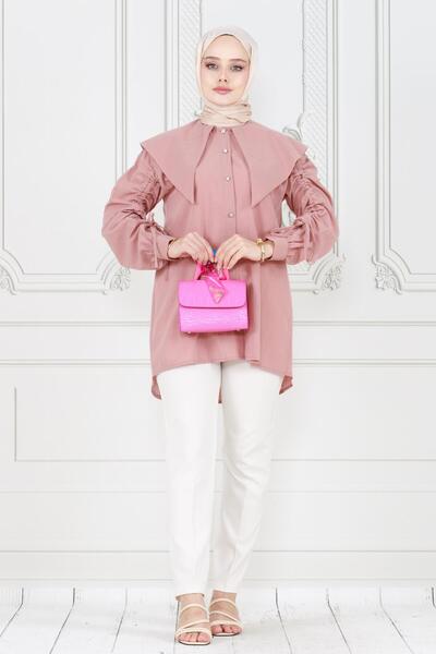 Sevitli Χρώμα πούδρας Μεγάλη λαιμόκοψη και χιτώνα με λεπτομέρεια