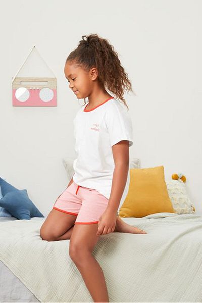 Tchibo Kids Girl 2 Pieces Plain Top and Pajamas Shorts Set, White and Orange