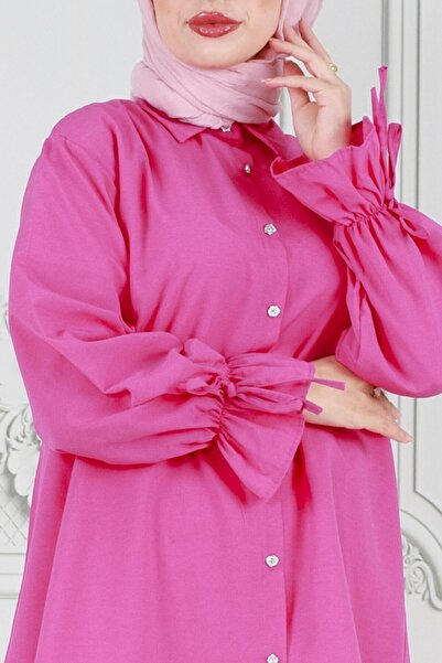 Sevitli Arkası Pileli Kolu Büzgülü Tunik-Fuşya
