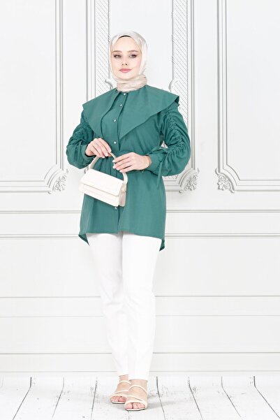 Sevitli Μεγάλος γιακάς πράσινου μέντας και χιτώνας με λεπτομέρειες