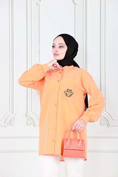 Sevitli Orange Linen Tunic with Bee Detail on Pocket
