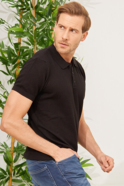 odelon Men's Black Knitwear T-Shirt - Polo Collar and Jacquard Detail